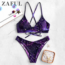 Load image into Gallery viewer, Bikini Galaxy Print Lace-Up Reversible Bikini Set Spaghetti Straps Criss-Cross Swim Suit Wire Free Padded Swimwear 2019