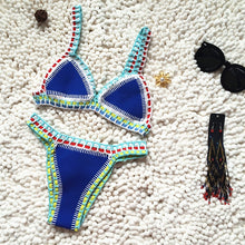 Load image into Gallery viewer, Women Handmade Crochet Knit Swimwear Halter Patchwork Bathing Suit Swimsuit Biquini Thong Bikini traje de bano