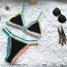Load image into Gallery viewer, Women Handmade Crochet Knit Swimwear Halter Patchwork Bathing Suit Swimsuit Biquini Thong Bikini traje de bano