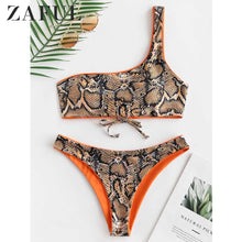 Load image into Gallery viewer, Bikini Reversible Snakeskin Print Swimwear Women One Shoulder Padded Sexy Bathing Suit Wirefree One Shoulder Bikini Sets