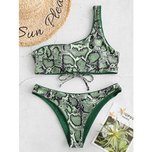 Load image into Gallery viewer, Bikini Reversible Snakeskin Print Swimwear Women One Shoulder Padded Sexy Bathing Suit Wirefree One Shoulder Bikini Sets