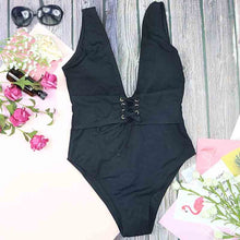 Load image into Gallery viewer, girls one piece swimsuit women swimwear white black deep v backless wire free high waist cross sexy on sale hot swimming