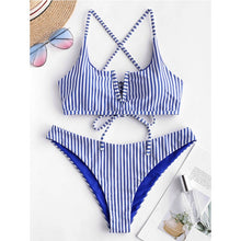 Load image into Gallery viewer, Bikini Reversible Swimwear Women V-Wired Tie Striped Bikini Set Spaghetti Straps Striped Swim Suit Lace Up Bathing Suit
