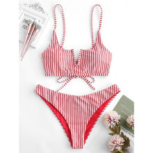 Load image into Gallery viewer, Bikini Reversible Swimwear Women V-Wired Tie Striped Bikini Set Spaghetti Straps Striped Swim Suit Lace Up Bathing Suit
