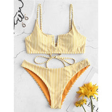 Load image into Gallery viewer, Bikini Reversible Swimwear Women V-Wired Tie Striped Bikini Set Spaghetti Straps Striped Swim Suit Lace Up Bathing Suit
