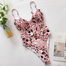 Load image into Gallery viewer, Pink Print Brazilian High Thong Bodysuits one-piece Swimwear Women Vv-neck Swimsuit Female Sexy Monokini Belt bathers 5424
