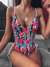Load image into Gallery viewer, Pink Print Brazilian High Thong Bodysuits one-piece Swimwear Women Vv-neck Swimsuit Female Sexy Monokini Belt bathers 5424
