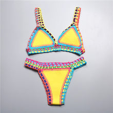 Load image into Gallery viewer, Women Handmade Crochet Knit Swimwear Halter Patchwork Bathing Suit Swimsuit Biquini Thong Bikini traje de bano
