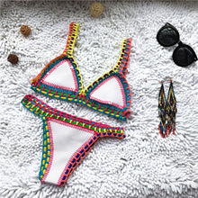 Load image into Gallery viewer, Women Handmade Crochet Knit Swimwear Halter Patchwork Bathing Suit Swimsuit Biquini Thong Bikini traje de bano
