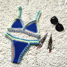 Load image into Gallery viewer, Women Handmade Crochet Knit Swimwear Halter Patchwork Bathing Suit Swimsuit Biquini Thong Bikini traje de bano
