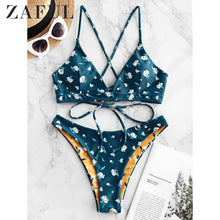 Load image into Gallery viewer, Ditsy Print Lace-Up Reversible Bikini Swimsuit 2019 Floral Crisscross Set Spaghetti Straps Wire SwimSuit Sexy Bathing Suit
