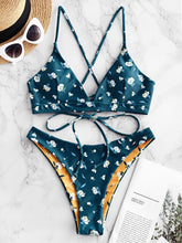 Load image into Gallery viewer, Ditsy Print Lace-Up Reversible Bikini Swimsuit 2019 Floral Crisscross Set Spaghetti Straps Wire SwimSuit Sexy Bathing Suit
