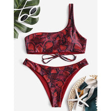 Load image into Gallery viewer, Bikini Reversible Snakeskin Print Swimwear Women One Shoulder Padded Sexy Bathing Suit Wirefree One Shoulder Bikini Sets
