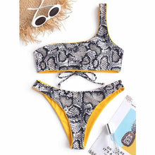 Load image into Gallery viewer, Bikini Reversible Snakeskin Print Swimwear Women One Shoulder Padded Sexy Bathing Suit Wirefree One Shoulder Bikini Sets
