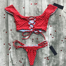Load image into Gallery viewer, Sexy Women Swimwear Red Front Bandage Bikini Set Push Up Swimsuit Ladies Dots Printed Bathing Suit Bikini Thong Swimming Costume
