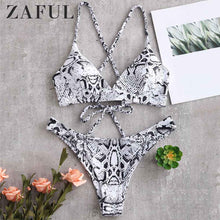 Load image into Gallery viewer, Snake Print Cross Lace-up Bikini Set Sexy Spaghetti Straps Swim Suit Elastic Low Waisted 2019 Padded Swimwear Bathing Suit
