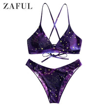 Load image into Gallery viewer, Bikini Galaxy Print Lace-Up Reversible Bikini Set Spaghetti Straps Criss-Cross Swim Suit Wire Free Padded Swimwear 2019
