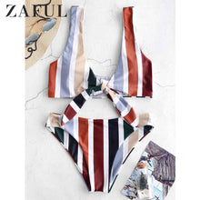 Load image into Gallery viewer, Colorful Striped Knot Tank Bikini Set Wire Free Elastic Pull Over Swim Suit Women Vacation Beach Bathing Suit 2019
