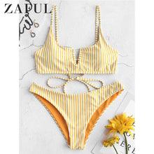 Load image into Gallery viewer, Bikini Reversible Swimwear Women V-Wired Tie Striped Bikini Set Spaghetti Straps Striped Swim Suit Lace Up Bathing Suit
