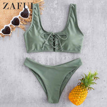 Load image into Gallery viewer, Scoop Lace Up Bikini Set 2019 Swimwear Scoop Neck Padded Swimsuit Women Solid Basic Bathing Suit Sexy Push Up Bathing Suit
