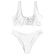 Load image into Gallery viewer, Scoop Lace Up Bikini Set 2019 Swimwear Scoop Neck Padded Swimsuit Women Solid Basic Bathing Suit Sexy Push Up Bathing Suit

