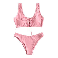 Load image into Gallery viewer, Scoop Lace Up Bikini Set 2019 Swimwear Scoop Neck Padded Swimsuit Women Solid Basic Bathing Suit Sexy Push Up Bathing Suit
