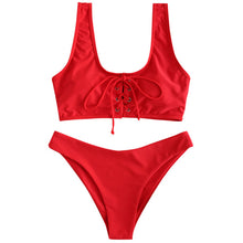 Load image into Gallery viewer, Scoop Lace Up Bikini Set 2019 Swimwear Scoop Neck Padded Swimsuit Women Solid Basic Bathing Suit Sexy Push Up Bathing Suit

