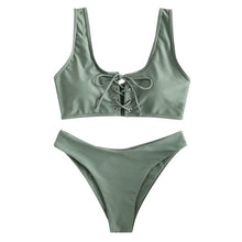 Load image into Gallery viewer, Scoop Lace Up Bikini Set 2019 Swimwear Scoop Neck Padded Swimsuit Women Solid Basic Bathing Suit Sexy Push Up Bathing Suit
