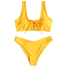 Load image into Gallery viewer, Scoop Lace Up Bikini Set 2019 Swimwear Scoop Neck Padded Swimsuit Women Solid Basic Bathing Suit Sexy Push Up Bathing Suit

