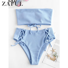 Load image into Gallery viewer, Ribbed Lace Up High Waisted Bikini Set Strapless High Waisted Cut Bandeau Bikini Women Solid Swimsuit Summer Swimwear 2019

