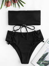Load image into Gallery viewer, Ribbed Lace Up High Waisted Bikini Set Strapless High Waisted Cut Bandeau Bikini Women Solid Swimsuit Summer Swimwear 2019
