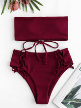Load image into Gallery viewer, Ribbed Lace Up High Waisted Bikini Set Strapless High Waisted Cut Bandeau Bikini Women Solid Swimsuit Summer Swimwear 2019
