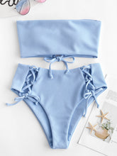 Load image into Gallery viewer, Ribbed Lace Up High Waisted Bikini Set Strapless High Waisted Cut Bandeau Bikini Women Solid Swimsuit Summer Swimwear 2019
